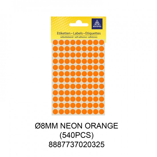 MAYSPIES MS008 COLOUR DOT LABEL / 5 SHEETS/PKT / 540PCS / ROUND 8MM NEON ORANGE